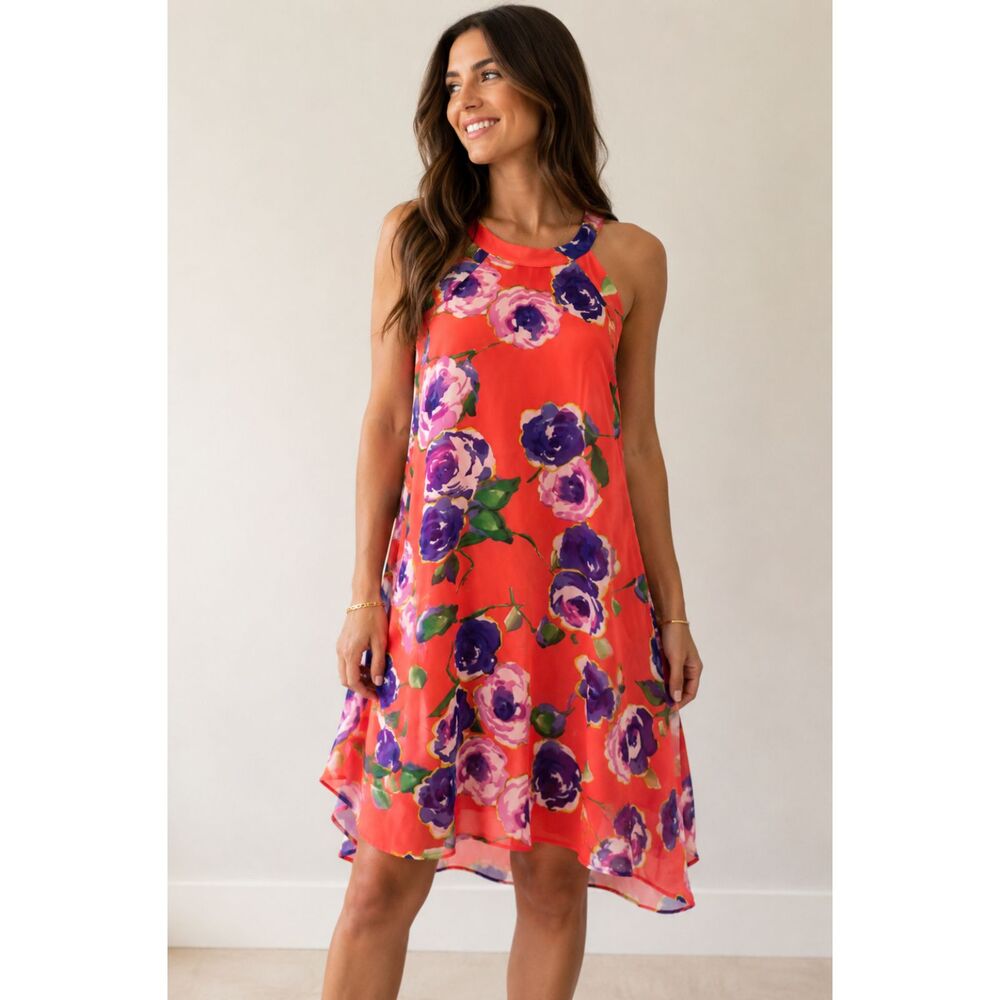 Betsey Johnson Floral Chiffon Swing Dress Coral Orange Multi Women's 6